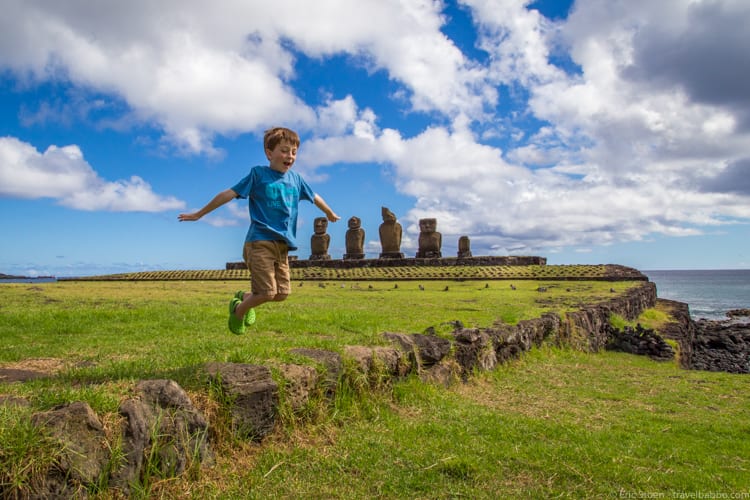 Easter Island with Kids: Jumping at Tahai