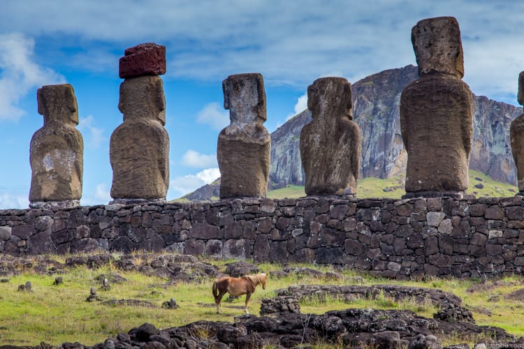 Easter Island with Kids: The scale is deceptive - the Moai are big, but not as big as they look next to this horse