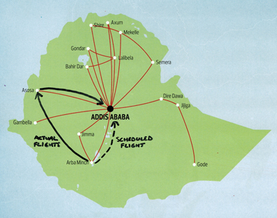Ethiopian Airlines - Our scheduled flight from Arba Minch to Addis Ababa and our actual routing 