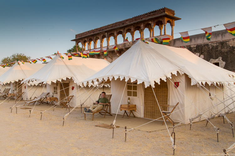 India photo trips: Camping inside the Nagaur Fort in India with Piper Mackay Photography. Not really roughing it!
