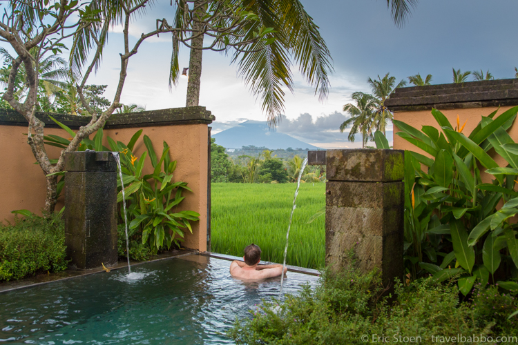 Bali with kids: The plunge pool in our villa at the Chedi Club Tanah Gajah, overlooking rice fields and Mount Batur - an active volcano