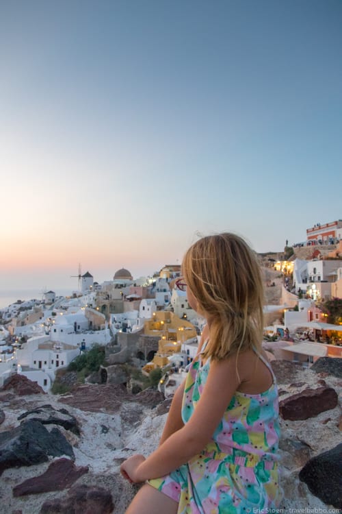 Greece with Kids: The view from the sunset spot in Oia, Santorini during our overnight trip.