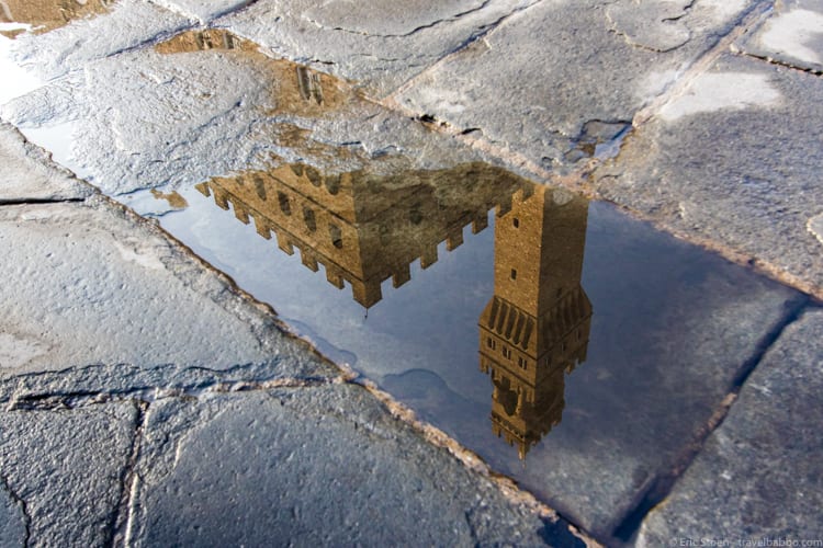 Best camera: The Palazzo Vecchio in Florence reflected in a puddle. Photo taken with a Canon 7D Mark II and an EF-S 10-22mm f/3.5-4.5 lens.
