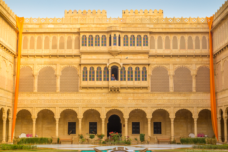 Places to visit in India - The courtyard of the Suryagarh in Jaisalmer. Yes, there's a musician playing in the center window.