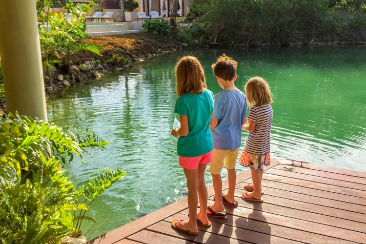 Affordable family travel - Feeding fish at Rosewood Mayakoba - far less expensive because they let all of us stay in one villa