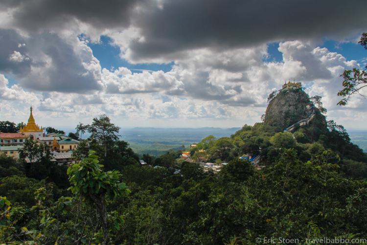 Places to see in Burma: Taung Kalat from a distance, with the monastery at the top. 