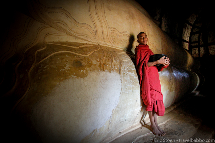 Places to see in Burma: A monk at the Shwethalyaung Reclining Buddha