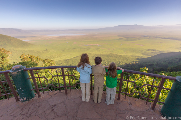 Safari Packing List - Overlooking the Ngorongoro Crater. These were our typical safari outfits. The green t-shirt was given to us by the safari company and became a favorite. You may acquire other clothes there - another reason to pack light. 