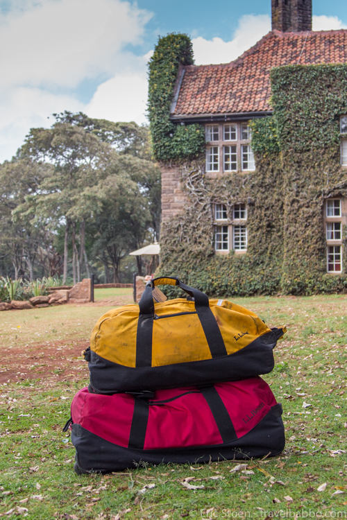 Family safari packing list - Departing the Giraffe Manor at the end of the trip - still with just two bags.