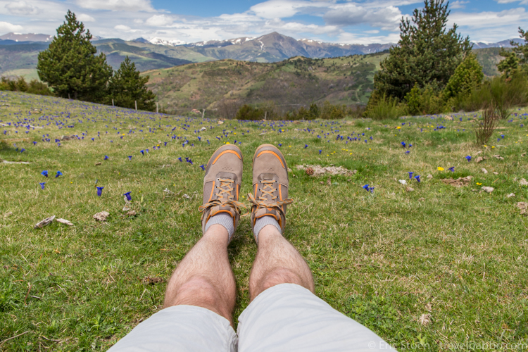 Best travel shoes - Forsake. Taking a break in the Pyrenees while hiking from the French border to the Spanish town of Molló. 