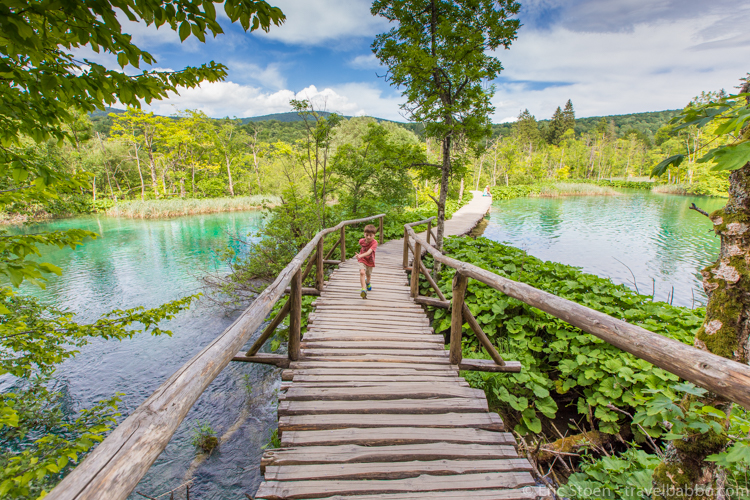Croatia with kids - Running through Plitvice. Don't try this with a stroller! 