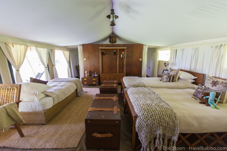 Africa safari with kids - The kids' half of the tent at the Pioneer Serengeti Camp. 