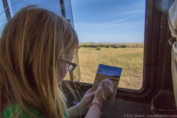 African safari with kids - Sketching elephants in the Maasai Mara. We love the travel cards from Tava Adventures. 