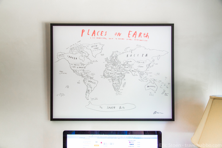 Best travel products - World map by Oliver Jeffers. It comes with pins, but I can't bring myself to poke holes in it. 
