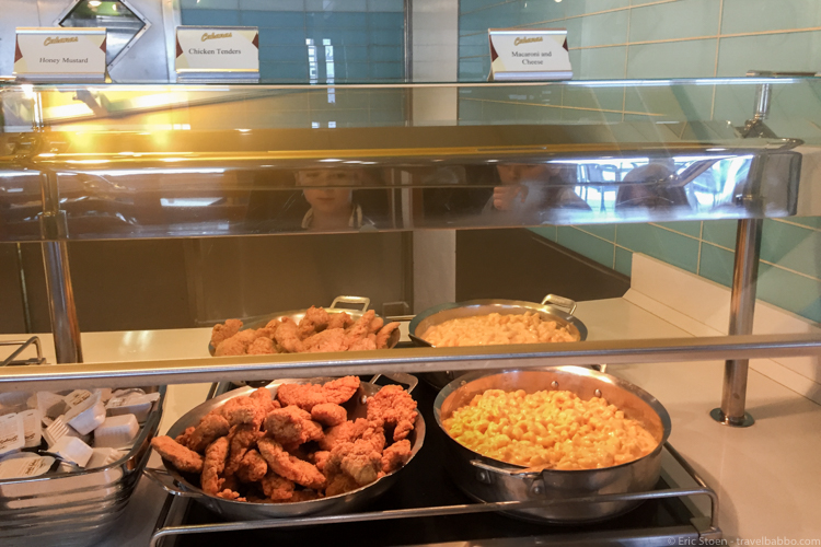 Disney Cruises - The first lunch station every day: mac & cheese and fried chicken, fried fish, fried corn dogs and/or tator tots