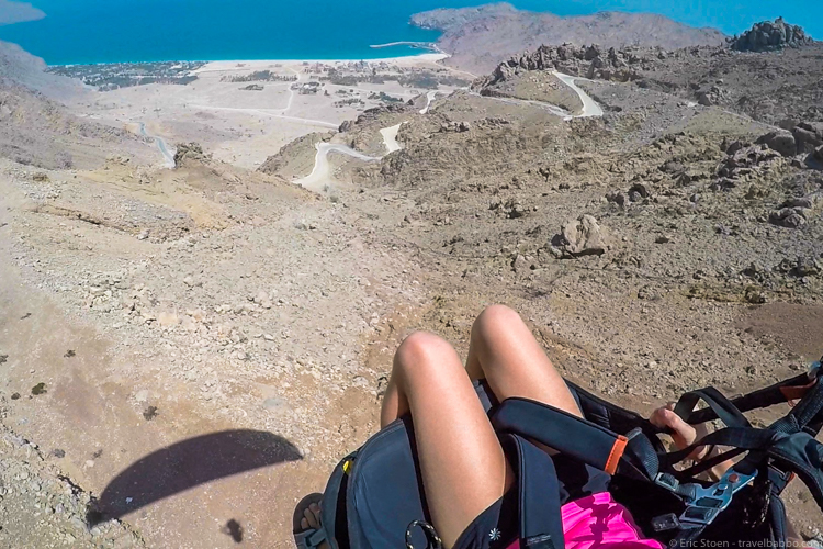 Six Senses Zighy Bay paragliding - my daughter's view