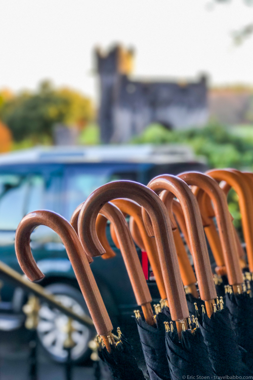 Ashford Castle and Kid-Friendly Ireland: Umbrellas ready for the rain (with a Land Rover and rampart in the background just to make the scene more perfect)