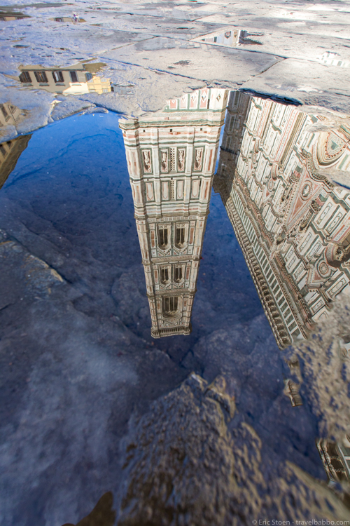 A Week in Florence - The Campanile reflected in a puddle. I loved the rain! 