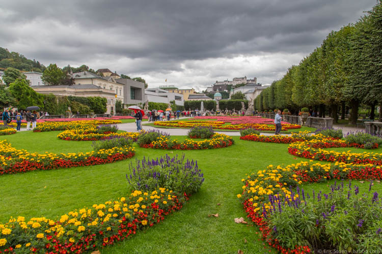 Kid-Friendly European Cities - Salzburg - The gardens of Mirabell Palace. Hohensalzburg Castle is in the distance.
