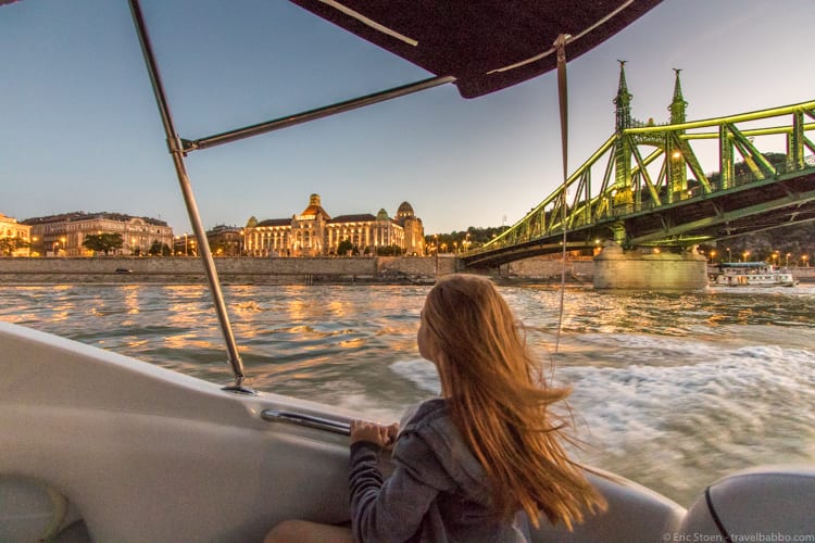 Kid-friendly European cities: On our sunset speedboat ride on the Danube