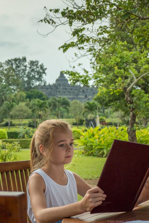 My dinner companion with Borobudur just behind her