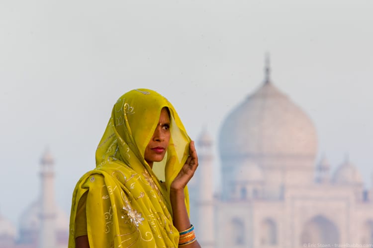 Travel Photography Tips - Across the river from the Taj Mahal. This was a woman from a nearby village - we asked if she would walk down to the river with us so that we could photograph her.