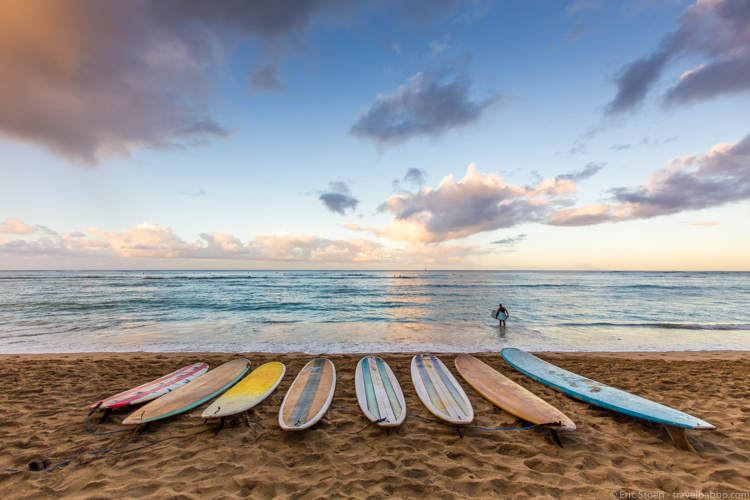 Photography tips - Early morning in Hawaii - not an interesting shot until the surfer entered the water