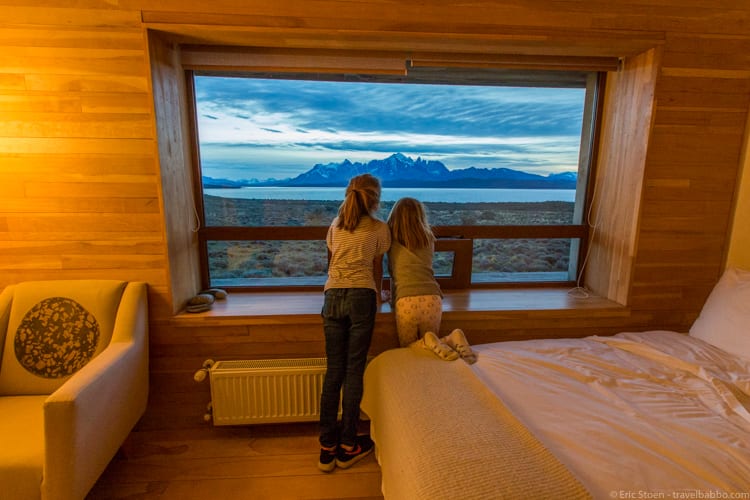 Patagonia with kids: The kids went into their room for the first time and headed straight for the window - Hotel Tierra Patagonia
