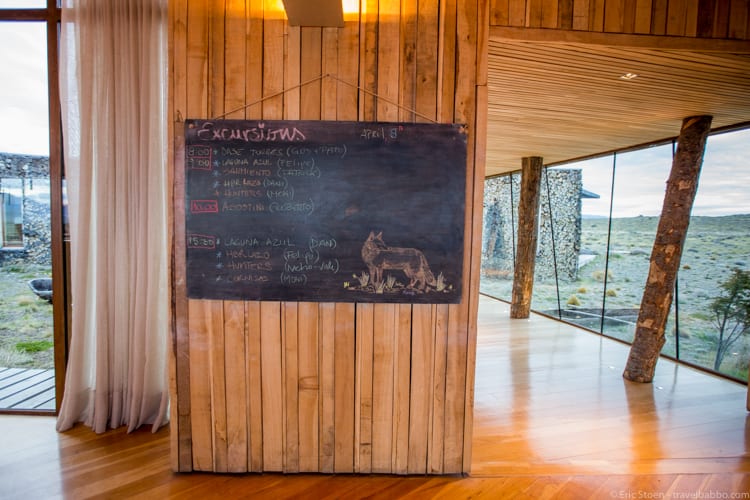 Patagonia with kids: The excursion board showing where we (and other guests) were headed our first day - Hotel Tierra Patagonia