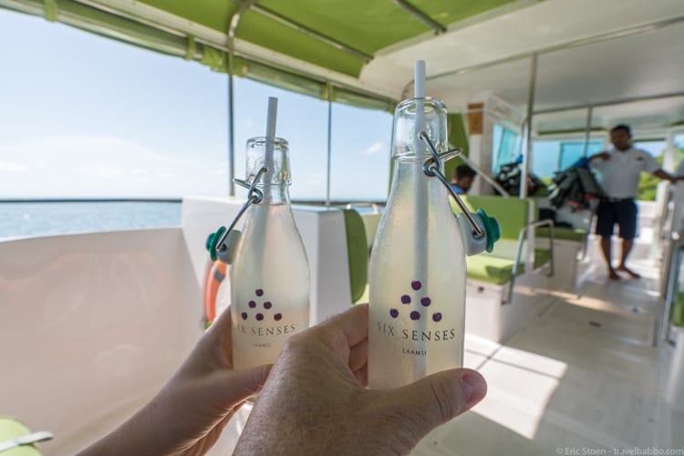 Six Senses Laamu - Cold drinks on the boat from the airport to Six Senses