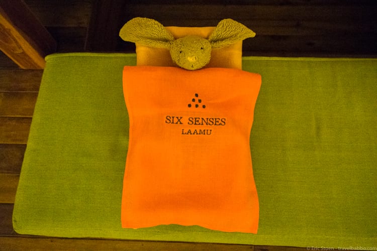 Six Senses Laamu - A very kid-friendly touch - our room steward surprised us with a bed and blanket for my son's stuffed rabbit