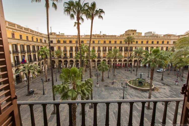 Best hotel views: My balcony at the Hotel DO Plaça Reial. The square comes alive at night.