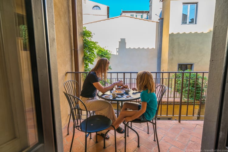 Florence with kids: Breakfast on our balcony at Palazzo San Niccolo