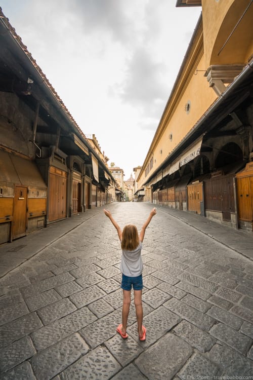 Family travel advice: An empty Ponte Vecchio in August, Florence