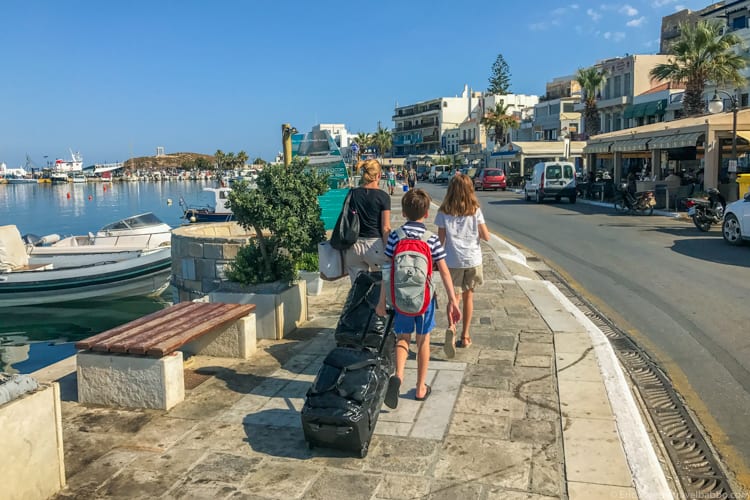 travel advice: Walking to the ferry in Naxos with our luggage. The 10-minute walk though town would have been a lot harder if we had overpacked.
