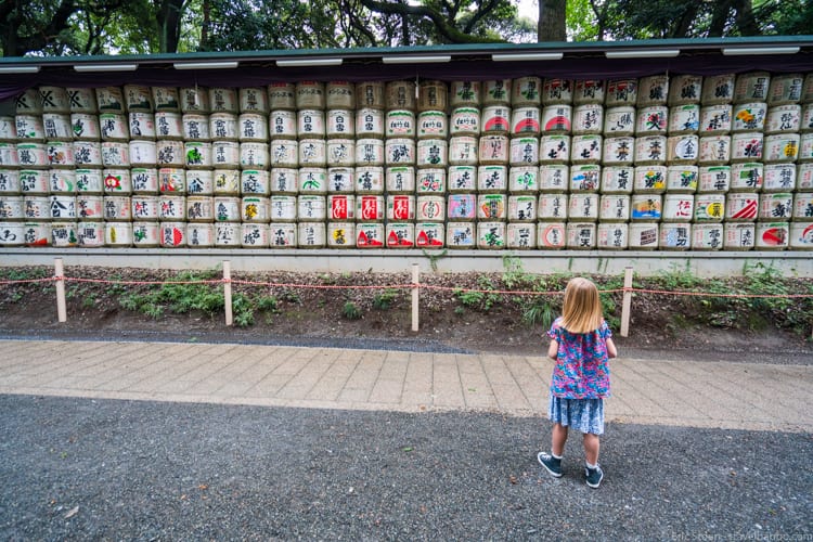 Tokyo with Kids - Sake stored along the path leading to Meiji Shrine