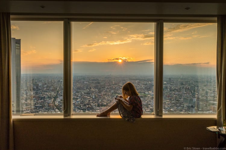 Tokyo with Kids - Sunset from our room. Mount Fuji, periodically visible, is in the distance.