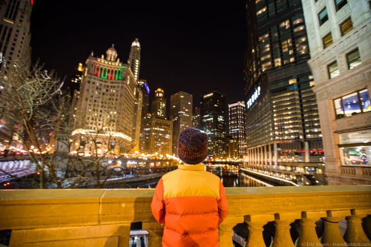 Chicago with kids: Gazing out from the DuSable Bridge right at the start of the Magnificent Mile