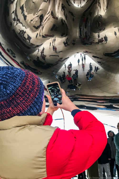 Chicago with kids: Photographing Cloud Gate on the way to Hamilton