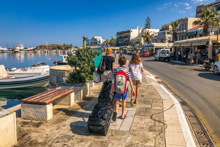 Walking to the ferry in Naxos Greece with all of our luggage for several weeks in Europe. We're always reevaluating what setup will make travel as easy as possible.