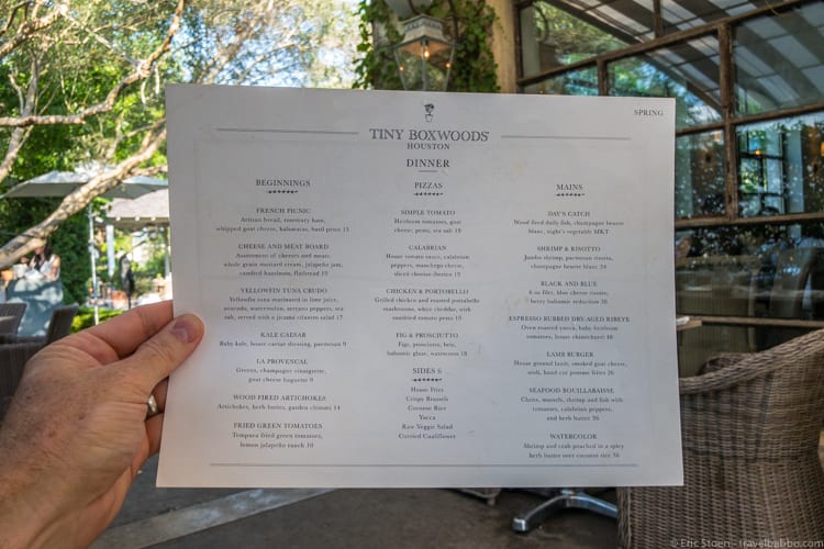 Houston with Kids - The menu at Tiny Boxwoods