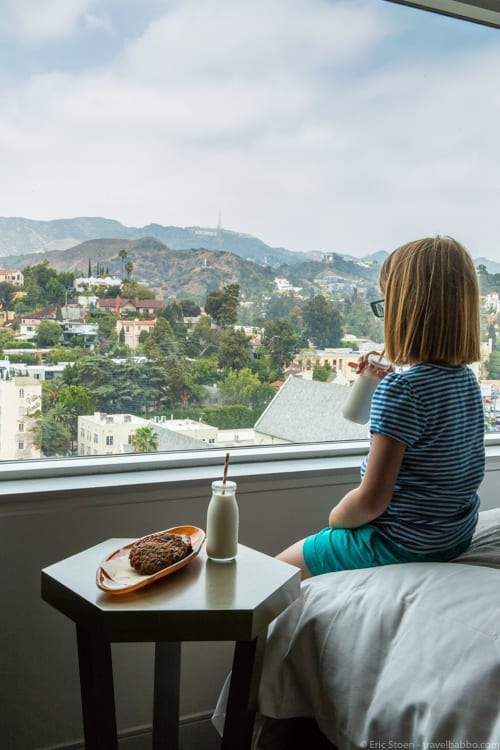 LA with kids - Milk and cookies in our room at Loews Hollywood, overlooking the Hollywood sign
