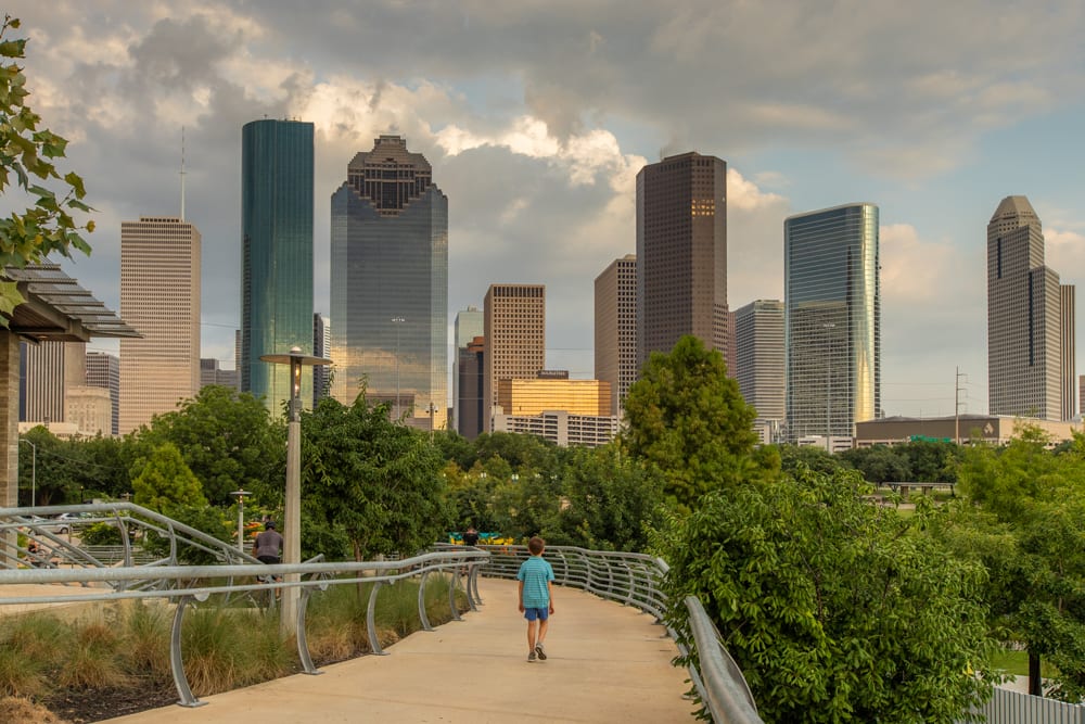 Houston with Kids - Buffalo Bayou Park and the Houston skyline