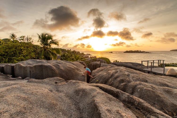 Seychelles with kids - Playing on the granite boulders at Six Senses
