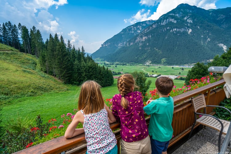 Dolomites with kids: Looking out over the Val di Fiemme from Miola restaurant in Predazzo