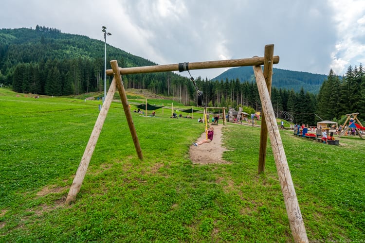 Dolomites with kids: The zip line at the top of the Alpe Cermis gondola