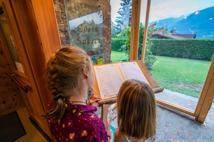 Dolomites with kids: Checking out the menu at Costa Salici 