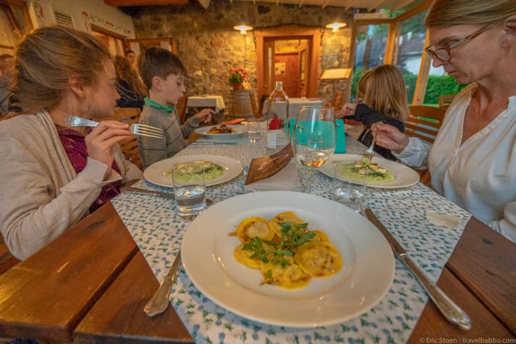 Dolomites with kids: Dinner at Costa Salici. Not pictured - the downpour outside.