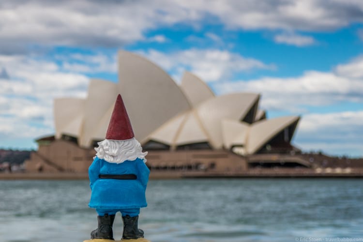 The Travelocity Roaming Gnome in Sydney on our first RTW trip. We always have fun traveling with the Gnome! 
