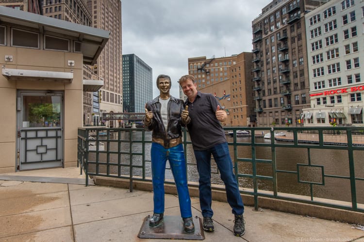 Gift Guide - One of the very few photos from the past year! But had to take a picture with the Bronze Fonz in Milwaukee. Wearing Aviator jeans. 